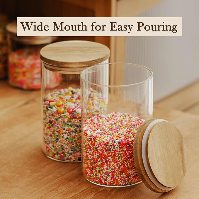 Labina Glass Storage Container Airtight Food Jars Kitchen Canister with Wood Lids, 32 Oz Wide Mouth Pantry Organization Glass Jar for Flour, Sugar, Cookie, Spagetti, Candy and Nuts