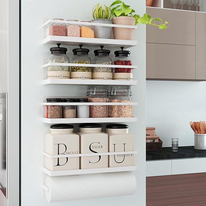 Spice Rack Refrigerator Magnetic Shelves With Magnetic Paper Towel Holder 4 Pack White