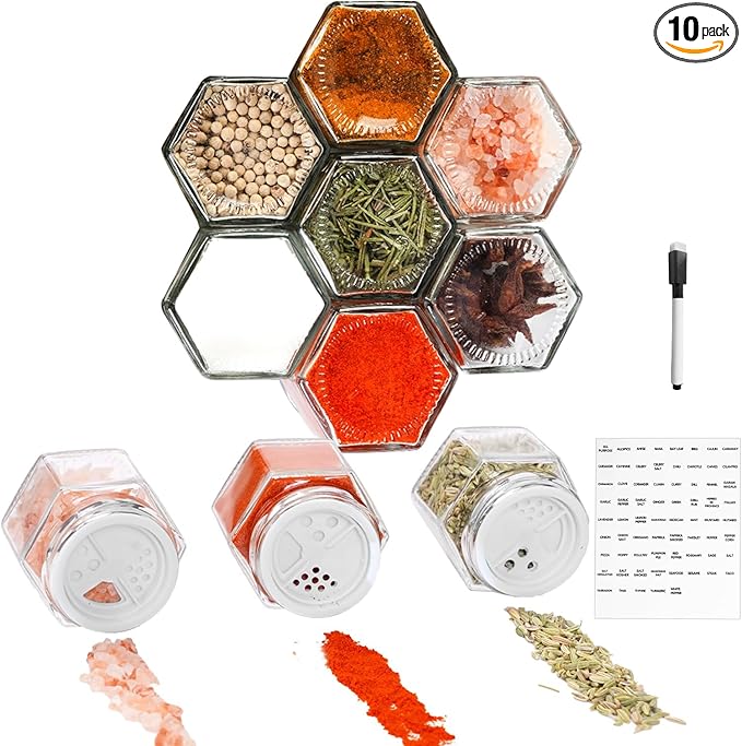 Set of 10 Magnetic Spice Jars for Refrigerator, Glass Small Hexagon Magnet Seasoning Containers with Labels, Shaker Lids, Fridge Magnetic Spice Rack Organizer with Jars