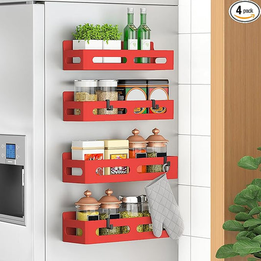 4 Pack Magnetic Spice Rack for Refrigerator, Spice Rack Organizer, Moveable Magnetic Shelf Fridge Organizer with 4 Hooks for Kitchen and Oven Organization,Red