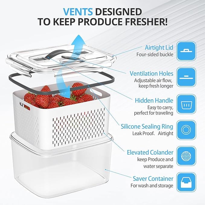 10Pack Fruit Storage Containers for Fridge - Berry Containers with Vent and Handle Lids, Fruit Containers for Fridge with Colander, lettuce keeper for Refrigerator Organizers and Storage