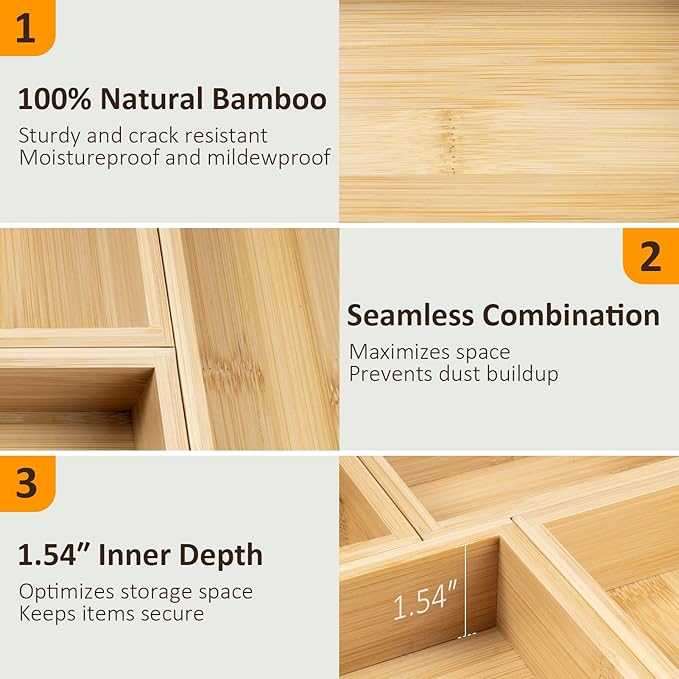 Bamboo Drawer Organizer Boxes Set, 5-Piece Multi-use Drawer Dividers Storage Trays for Kitchen Utensils, Makeup Jewelry, Office Supplies
