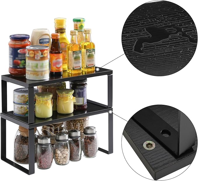 YMYNY Cabinet Shelf Organizer, Countertop Shelves Set of 2, Kitchen Spice Racks, Stackable, Storage Racks for Cupboard, Sink, Pantry, Bathroom, Black, Metal, UHSR002B