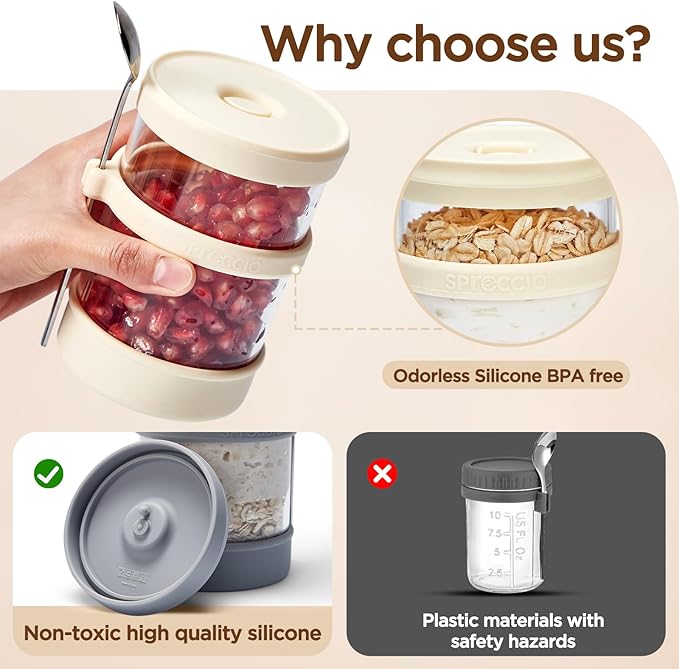 Glass Overnight Oats Containers with Lids of Silicone and Spoon 16 oz [2 Pack], Airtight Overnight Oats Jars with Silicone Lid, For Yogurt Containers Chia Pudding Jars Snack Spice (Yellow)