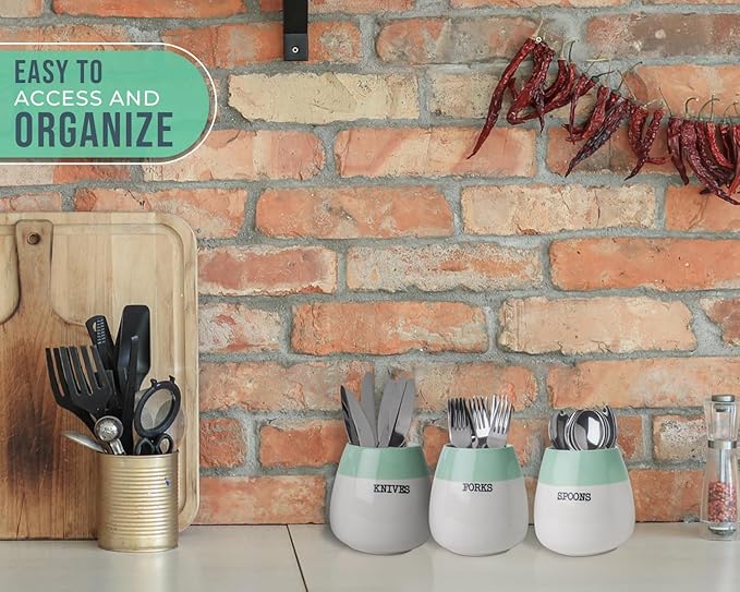 Ceramic "Honeypot" Cutlery Holder - Set of 3 - Farmhouse Silverware Caddy for Kitchen Countretop - Decorative Spoon, Fork & Knife Holder for Parties & More - Rustic Caddy Made of Premium Ceramic