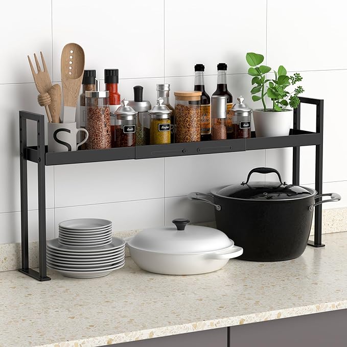 Stove Top Shelf, Kitchen Over Shelf for Stove, Stove Spice Rack for Top, Adjustable 27-33inch, Fits Various Stove Lengths, Kitchen Spice Organizer, Condiments and BBQ Sauces, Black
