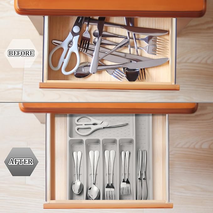 Silverware Organizer with Cutlery Icons，Silverware Tray for Kitchen Drawer，Plastic Flatware Tableware Cultery Drawer Organizer Utensil Organizer with Non-slip TPR Linings，6-Compartment，Grey