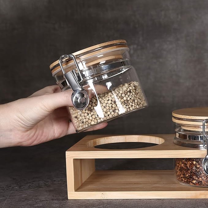 KKC HOME ACCENTS Airtight Borosilicate Glass Storage Jars with Clamp Lids and Scoops,Vacuum sealed Glass Containers for Sugar,Pink Himalayan Salt,Whole Black Peppercorns,Chili Garlic Powder,16 Fl oz
