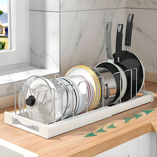 Pot and Pan Organizer, Expandable Pots and Pans Organizer Under Cabinet, Pot Lid Holder with 10 Adjustable Compartment for Bakeware, Cutting Boards, Lid, Dishes, Cookware (1 Pcs)
