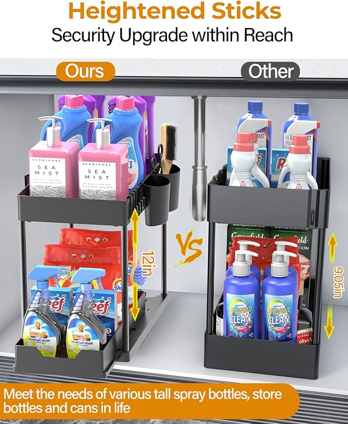 2 Pack Under Sink Organizers and Storage Bathroom, 2 Tier Under Sliding Kicthen Cabinet Basket Organizer with Hooks, Hanging Cup, Dividers, Handles, Multi-purpose Under Sink Shelf Organizer, Black