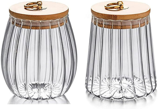 Strip Pattern Clear Glass Sugar Jar with Bamboo Lid,Food Storage Jar,Glass Jar with Lid,Coffee Candy Canister Airtight Storage Container (Conical+Oval)