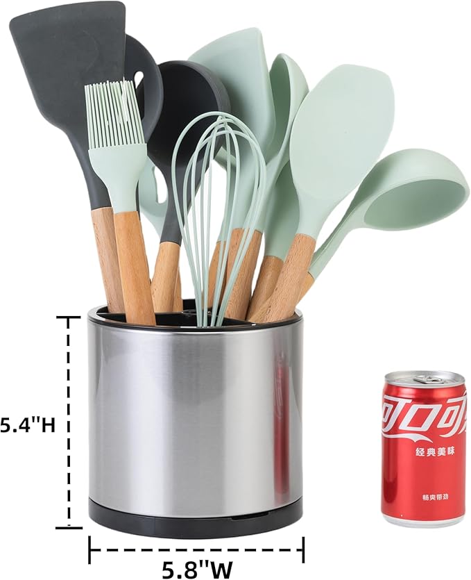 Utensil Holder,Kitchen Utensil Holder For Counter,Rotating Silverware Organizer Cooking Flatware Spoon Spatula Tool Cutlery Container Stainless Steel Caddy