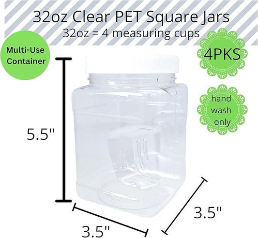 32oz Clear PET Plastic Square Wide Mouth Jars with Grip Handle and White Ribbed Lined Caps, BPA Free, Multi-Use Empty Containers, Household Dried Food Canisters, Made in the USA (Pack of 4)