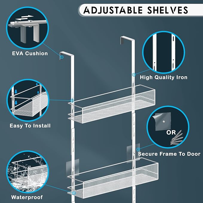 Over the Door Pantry Organizer - 6-Tier Mesh Basket Hanging & Wall Mounted Pantry Door Organizer, Over the Door Spice Rack with Adjustable Hooks for Kitchen, Bathroom, Bedroom, Storage Room (White)