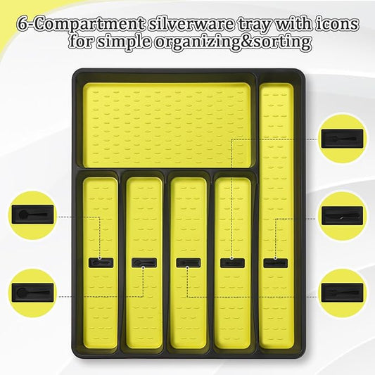 Silverware Organizer with Cutlery Icons，Silverware Tray for Kitchen Drawer，Plastic Flatware Tableware Cultery Drawer Organizer Utensil Organizer with Non-slip TPR Linings，6-Compartment，Yellow