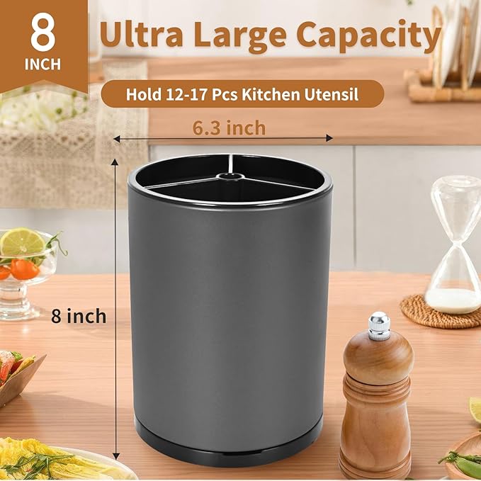 Extra Large Kitchen Utensil Holder - 360° Rotating Stainless Steel Cooking Utensil Holder for Countertop, 3 Compartment Flatware Organizer & Utensil Caddy with Removable Base（Grey）