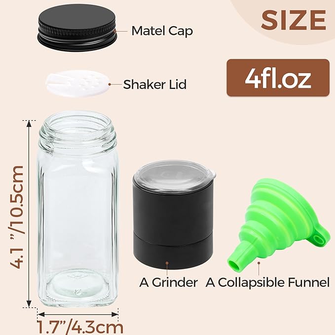 ComSaf 24Pcs 4oz Glass Spice Jars with Shaker Lids, 93 Labels, a Handy Funnel, a Pepper Grinder, Empty Spice Containers and Square Spice Bottles for Kitchen and Seasoning