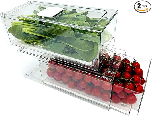 Refrigerator Organizers and Storage Drawer, Stackable Fruit Storage Containers for Fridge, Reusable Fridge Organizer fit for Kitchen Refrigerator and Restaurant Freezer (2 Drawers, Medium)
