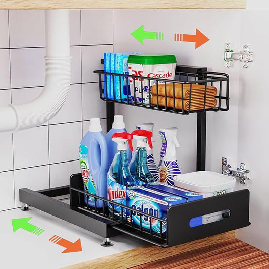 Under Sink Organizer And Storage,Pull Out Cabinet Organizer,2-Tier Slide Out Kitchen Basket Sink Shelf Cabinet Organizers,Adjustable L Shape Under Counter Organizers For Bathroom Kitchen Organization