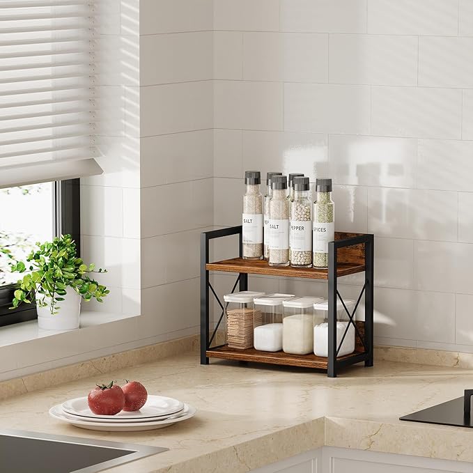 Giikin 2 Tier Kitchen Spice Rack Organizer for Countertop, Wood Coffee Counter Shelf Organizer for Home (Rustic Brown)