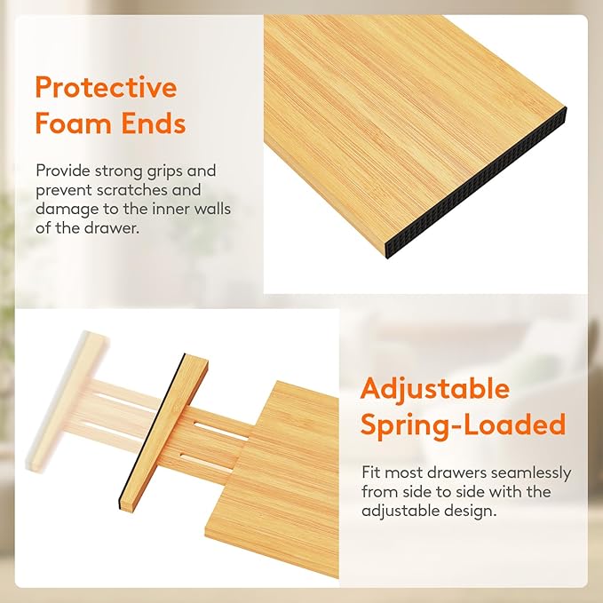 Lifewit 6 Pack Drawer Dividers Bamboo 6" High, 11-17" Adjustable Drawer Organizers for Clothes, Expandable Dresser Separators in Bedroom/Bathroom/Kitchen/Fridge/Office Organization and Storage