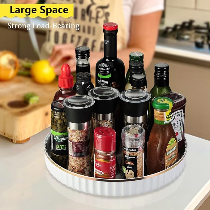 12 Inch 2 Pack Fluted Lazy Susan Turntable Organizer for Cabinet, Kitchen, Pantry, Fridge,Countertop, 360 Rotating Non-Skid Wavy Spinning Rack Food Storage Container for Spices,Condiments,Snacks-White