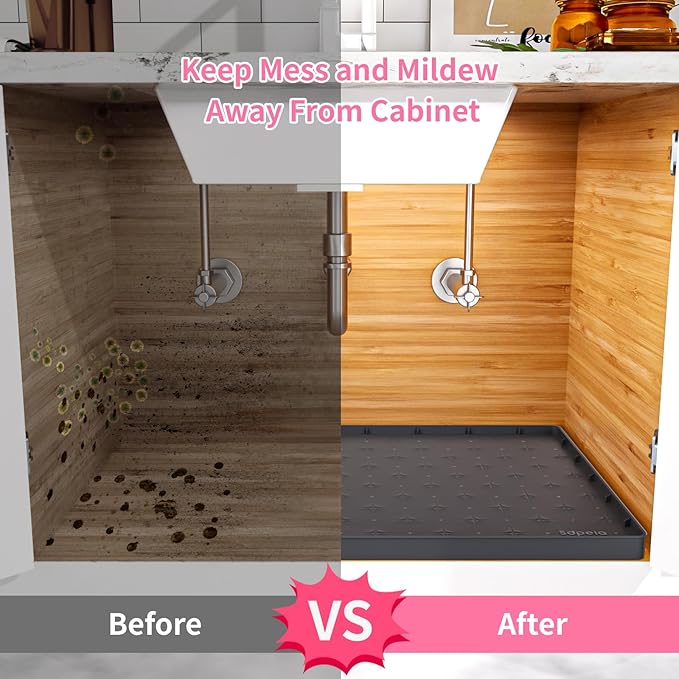 Sdpeia Under Sink Mat for [25" x 22"] Cabinet, Upgraded Silicone Waterproof Mat Kitchen Cabinet Liner Cabinet Protector Kitchen Organizers and Storage