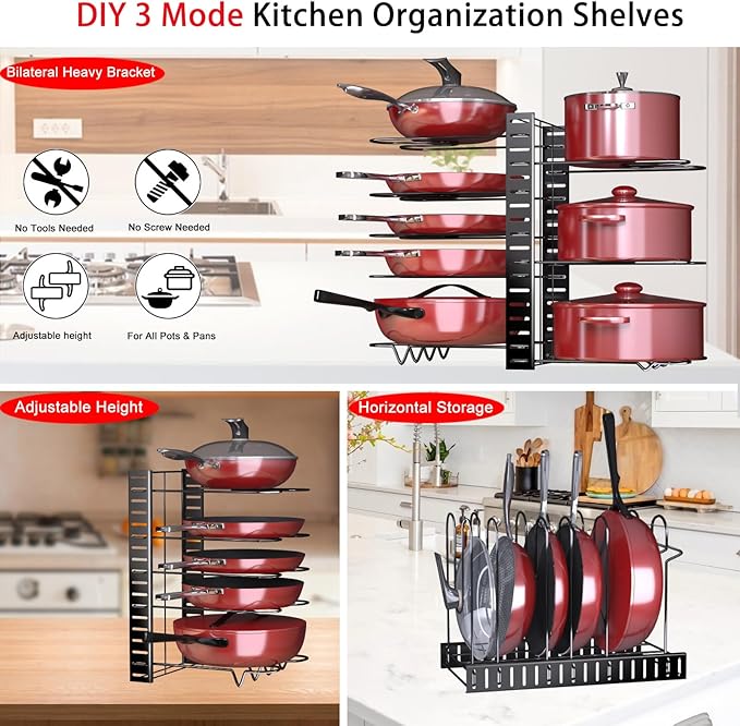 Pots and Pans Organizer for Under Cabinet, 8 Tier Adjustable Pot Organizer Rack for Under Cabinet, With Drain Tray Placeable Cookware Organizer Baking Cookie Cutting Board, 3 DIY Pot Rack Organizer