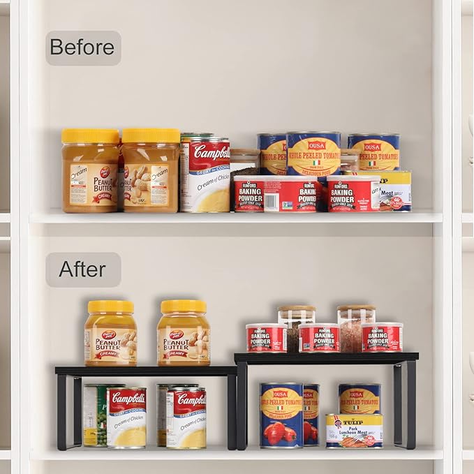 CADUKE Counter Shelf Organizer Set of 2, Wood Kitchen Cabinet Shelves, Expandable Cabinet Organizer, Stackable Countertop Storage Rack for Bathroom Pantry, Black