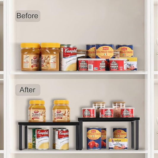 CADUKE Counter Shelf Organizer Set of 2, Wood Kitchen Cabinet Shelves, Expandable Cabinet Organizer, Stackable Countertop Storage Rack for Bathroom Pantry, Black