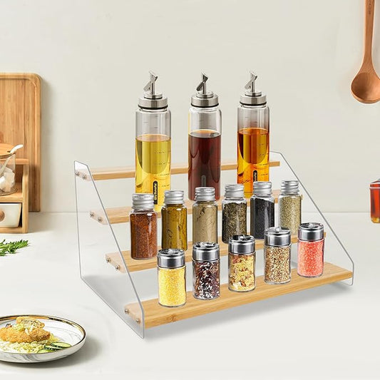 12“ Spice Rack Organizer for Cabinet - Wooden 4 Tier Display Stand - Space Saving Display Shelf Riser for Perfume Cologne Cupcake Collectibles Figurine
