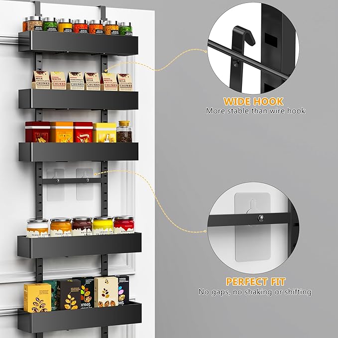 masadi Over The Door Pantry Organizer, 9-Tier Black Pantry Door Organizer, Hanging Spice Rack, Adjustable Pantry Organizers and Storage, Laundry Room Organization for Home & Kitchen Essentials