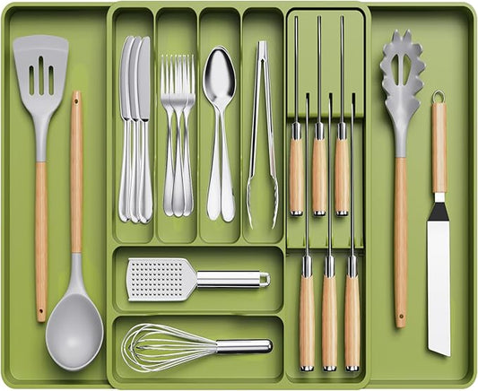 Lifewit Silverware Organizer for Kitchen Drawer, Expandable Utensil Tray with Removable Knife Block, Adjustable Cutlery Flatware Holder, Plastic Spoon Forks Holder Storage Divider, Large, Green