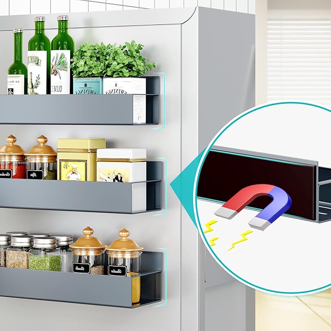 3 Pack Moveable Fridge Magnetic Spice Racks,Metal Grey