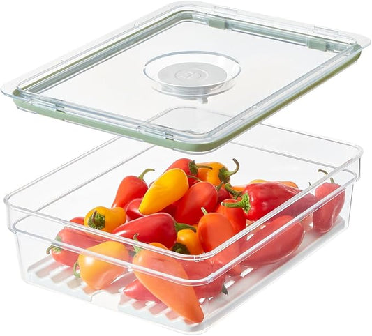 IDESIGN Large Short Produce Storage Bin with Insert Tray, The Fresh Collection – 7.85” L x 10.5” W x 3” H, Clear Bin