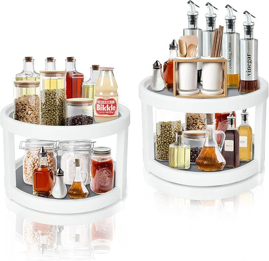 2PCS Non-Skid Cabinet Lazy Susan Turntable 10 Inch, 360 Degree Rotating Kitchen Spice Rack Spinning 2 / Two Tier Lazy Susan Turntable Organizer, Pantry Countertop Vanity Bathroom Display Stand