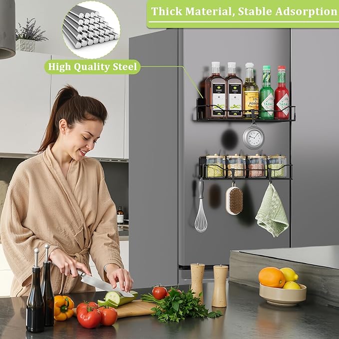 Magnetic Spice Rack for Refrigerator, 2 Pack Strong Magnet Spice Organizer Shelves with Hooks, Magnetic Fridge Shelf for Kitchen Organization and Storage, Seasoning Organizer Gadgets (Black)