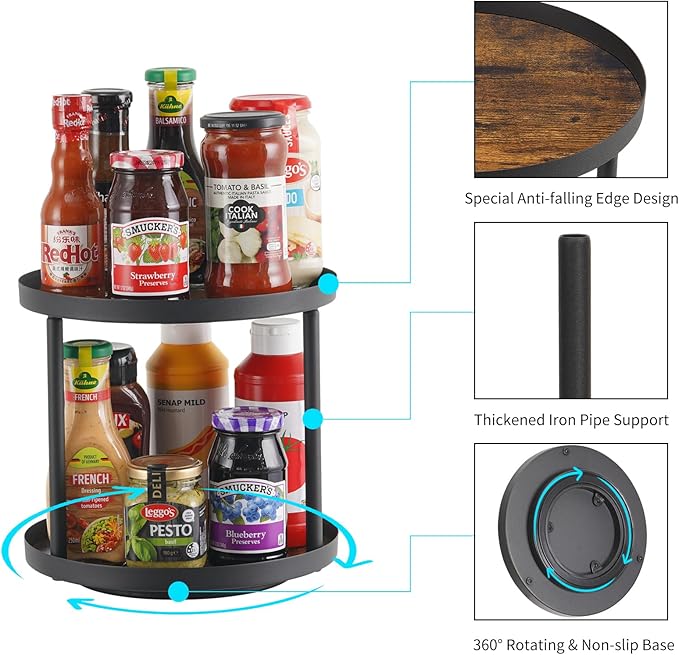 Giikin 2 Tier Lazy Susan Organizer, Two Tier Lazy Susan Turntable for Kitchen Countertop Spice Rack Organizer (Rustic Brown, 9.8" x 9.8" x 8.8")