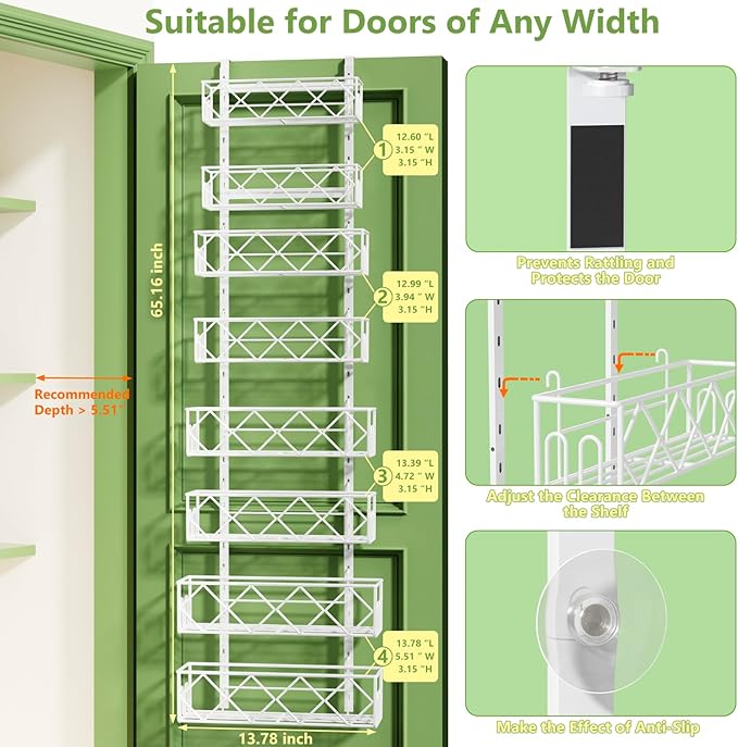 Over the Door Pantry Organizer 8-Tier Adjustable Baskets Hanging Spice Door Rack Narrow - 13.78" W x 65.16" H Behind the Door Storage for Kitchen, Bathroom, and Closet Organization-White