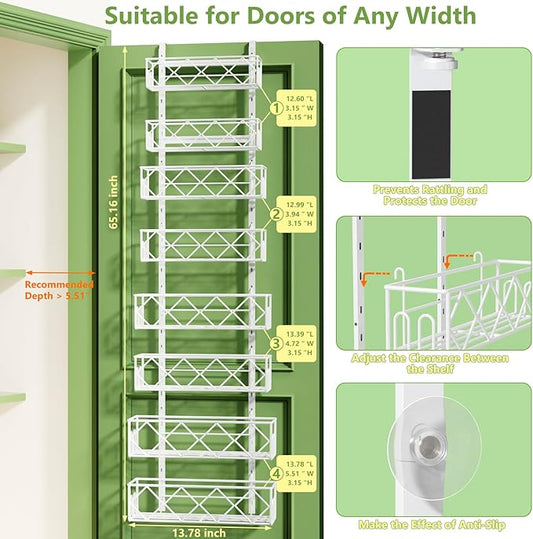 Over the Door Pantry Organizer 8-Tier Adjustable Baskets Hanging Spice Door Rack Narrow - 13.78" W x 65.16" H Behind the Door Storage for Kitchen, Bathroom, and Closet Organization-White