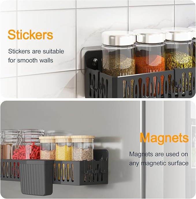 4 Pack Magnetic Spice Rack for Refrigerator, Moveable Magnetic Shelf Fridge Organizer with 4 Hooks and 2 Hanging Cups for Kitchen Organization, Black (Black Large)