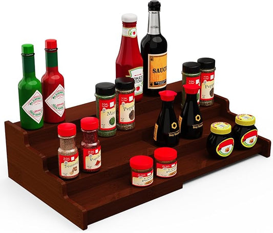 Spice Rack Organizer for Expandable 4-Tier, Adjustable Bamboo Spice Storage for Kitchen Cabinet, Pantry and Countertop Organization, Brown