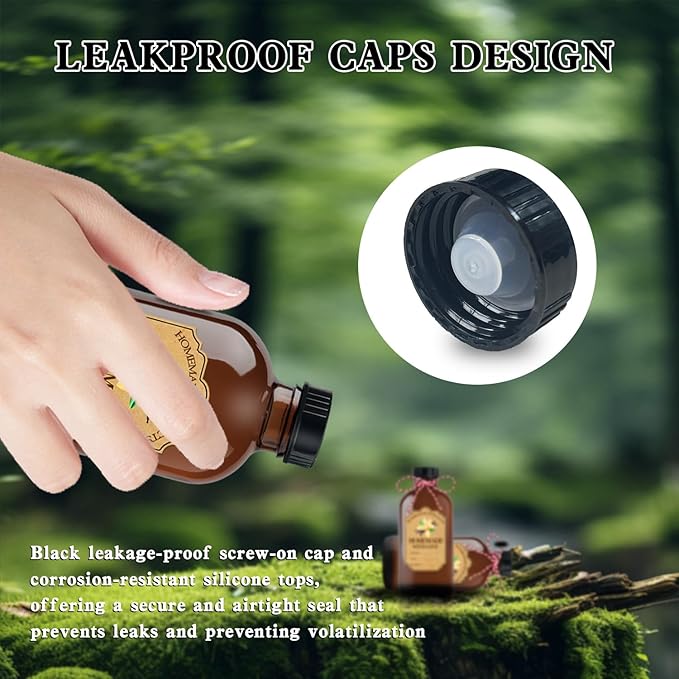12Pcs 2 oz Amber Glass Bottle Brown Round Bottles with Caps, for Vanilla Extract Homemade, with Stickers and Funnel, for Syrup Gift Glass Food Storage Canister Set, Sauce Beans, Essential Oil