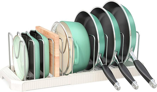 Pots and Pans Organizer for under Cabinet, Expandable Pan Pot Organizers inside Cabinet, Heavy Duty Pot Rack for kitchen organizers and storage Holder with 10 adjustable compartment White