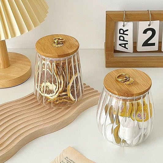 Strip Pattern Clear Glass Sugar Jar with Bamboo Lid,Food Storage Jar,Glass Jar with Lid,Coffee Candy Canister Airtight Storage Container (Conical+Oval)
