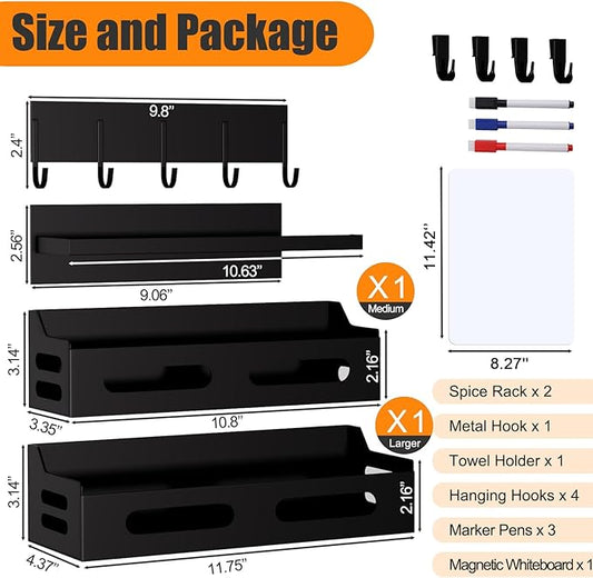 Magnetic Spice Rack for Refrigerator, 4 Pack Heavy Duty Metal Strong Magnetic Fridge Shelf with Magnet Paper Towel Holder, Hook Rack, Whiteboard, Space Saving, Black