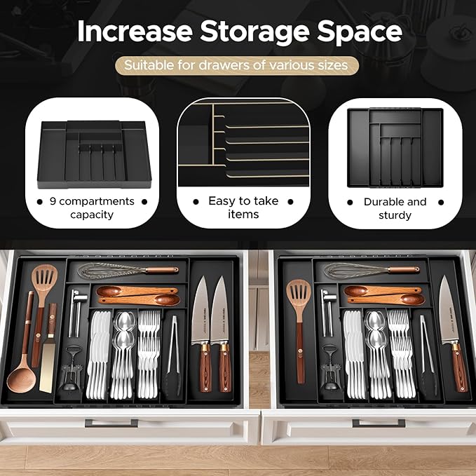 JYPS Silverware Drawer Organizer, Expandable, Adjustable for Forks, Knives, Multipurpose Kitchen Utensils, Black Large