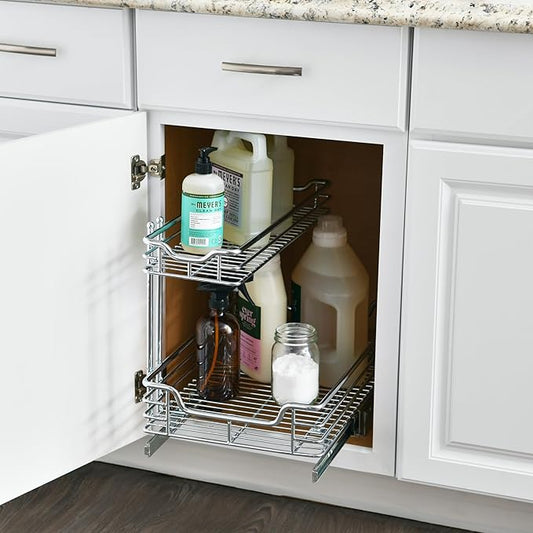 Household Essentials Glidez Multipurpose Chrome-Plated Steel Pull-Out/Slide-Out Storage Organizer for Under Sink or Under Cabinet Use - 2-Tier Design - Fits Standard Size Cabinet or Shelf, Chrome