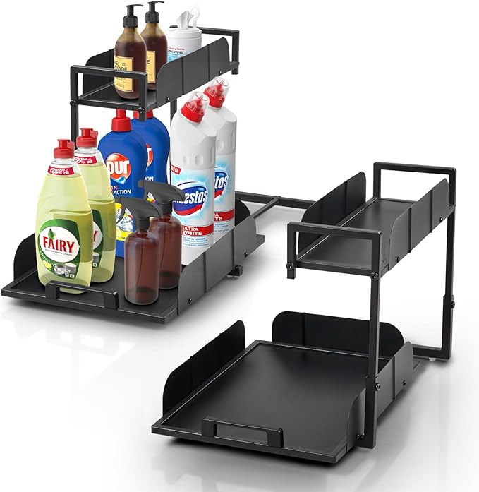 Under Kitchen Sink Organizer, 2 Tier Metal Pull Out Cabinet Organizer with Sliding Drawer, Heavy Duty Bathroom Organizers and Storage Shelf, Storage and organization for Home,Laundry,Office, 2 Pack