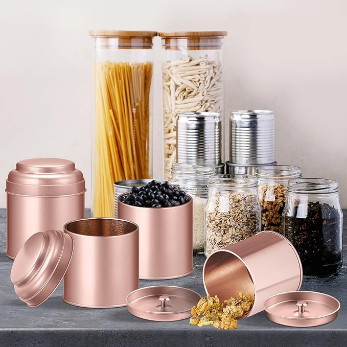 12 Pcs Tea Tin Canister with Airtight Double Lids 8 oz Round Tin Can Box Small Kitchen Tea Canister Loose Leaf Storage Containers for Loose Bags Coffee Sugar Candy Spices(Rose Gold)